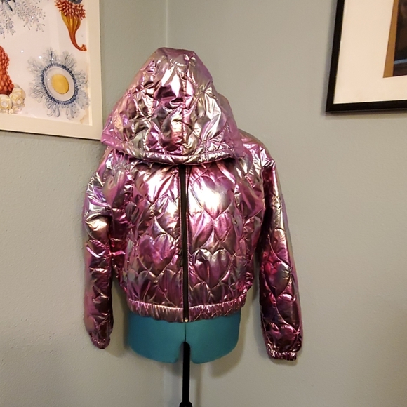 Iridescent Metallic Heart Puffer Coat 